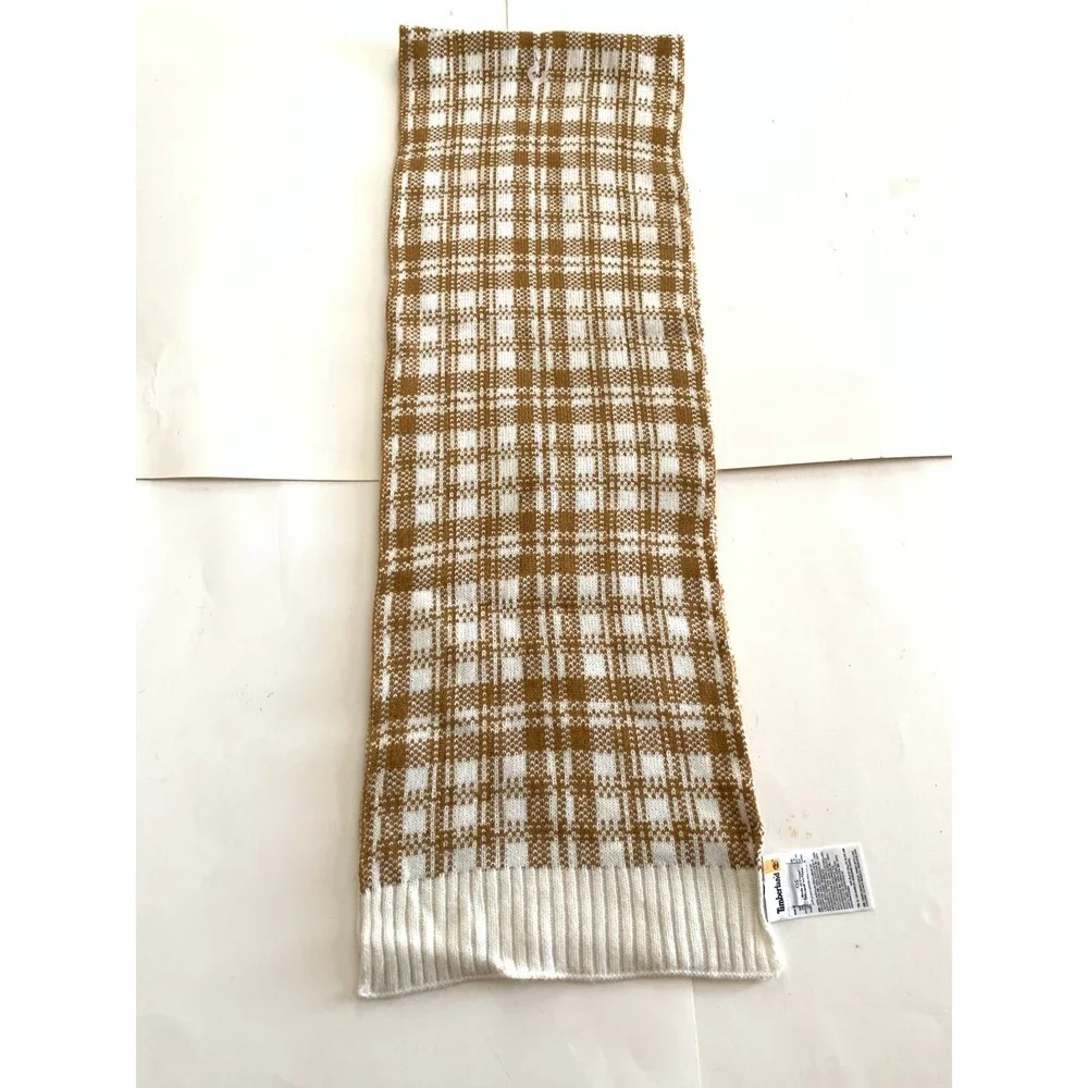 Timberland Plaid Knit Scarf Tan Cream NWOT Unisex Winter Cozy Soft Retails $60